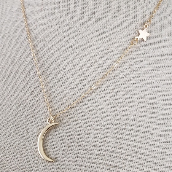 Gold Crescent Moon and Star Necklace - Picture 3 of 4